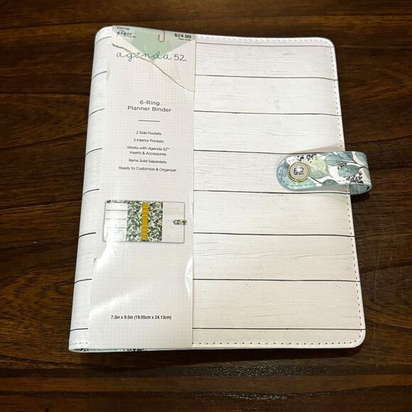 Agenda 52 6 Ring Planner Binder Pockets 7.5 x 9.5 inches Faux Wood White Washed - Picture 1 of 7